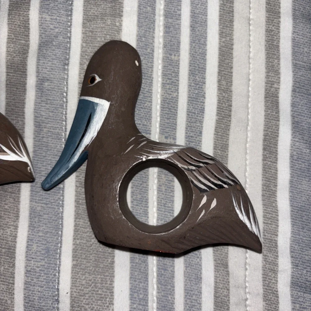 6 Pelican Napkin Ring Holders Wood Hand Carved Beach Bird Coastal Nautical